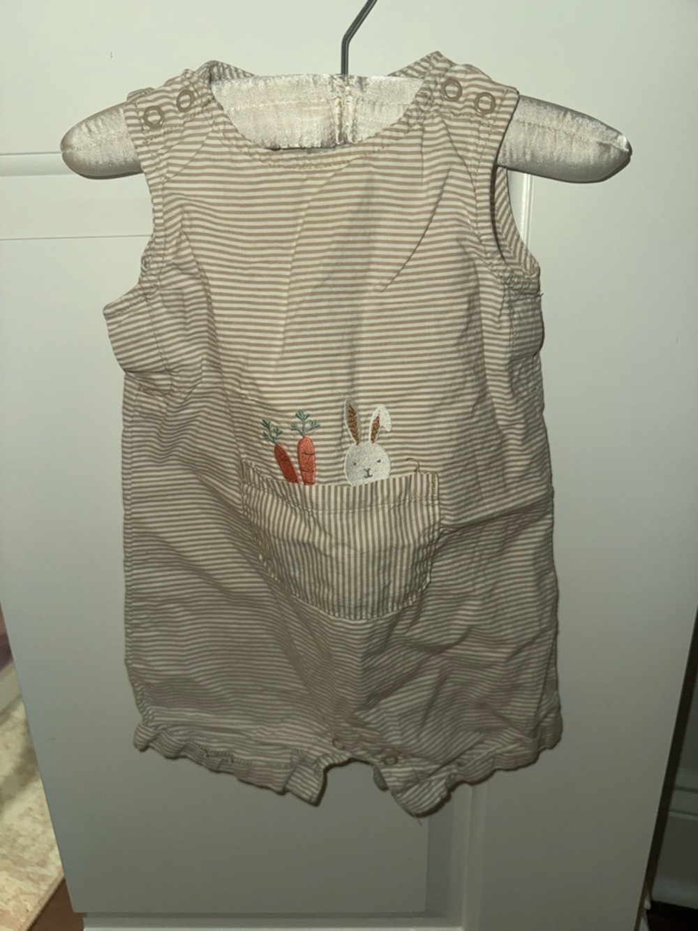 Striped Bunny Pocket Baby Romper in Beige